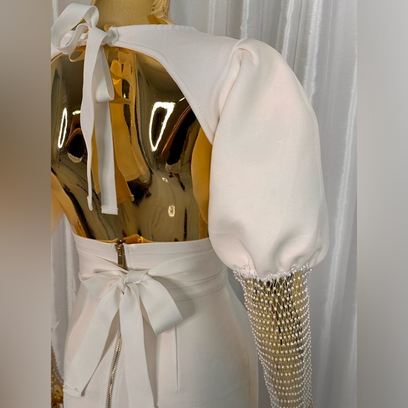 Ballon Sleeve Crystal Mesh Cut Out Mini Bandage Dress - Picture 6 of 7